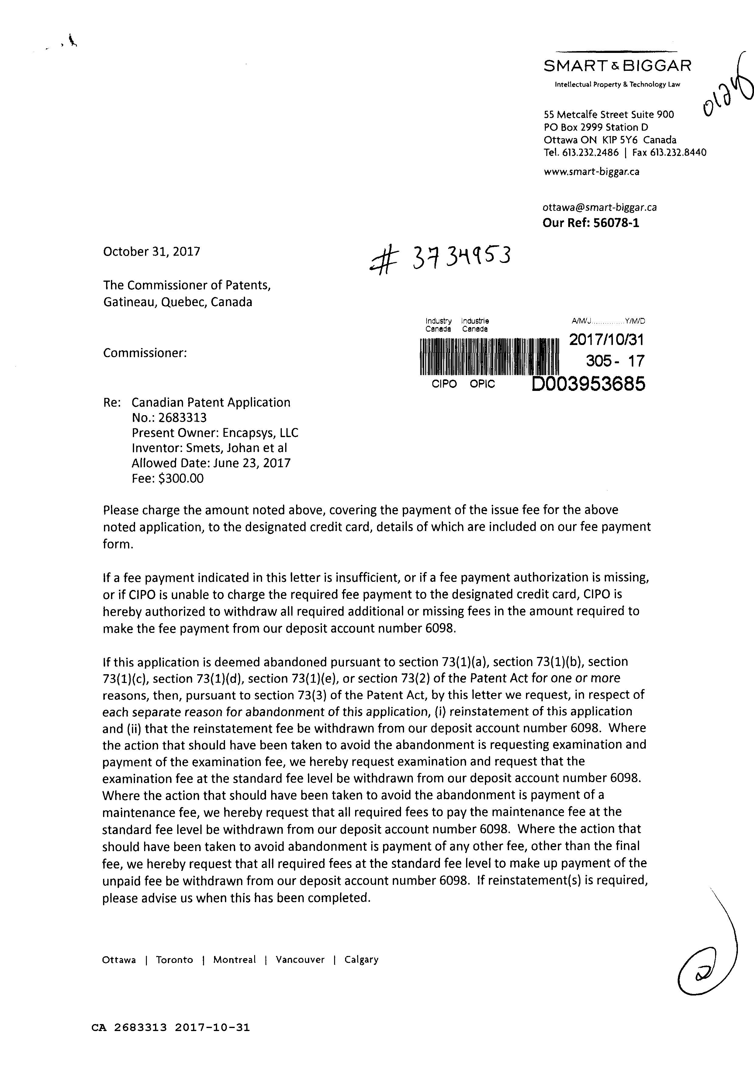 Canadian Patent Document 2683313. Final Fee 20171031. Image 1 of 2