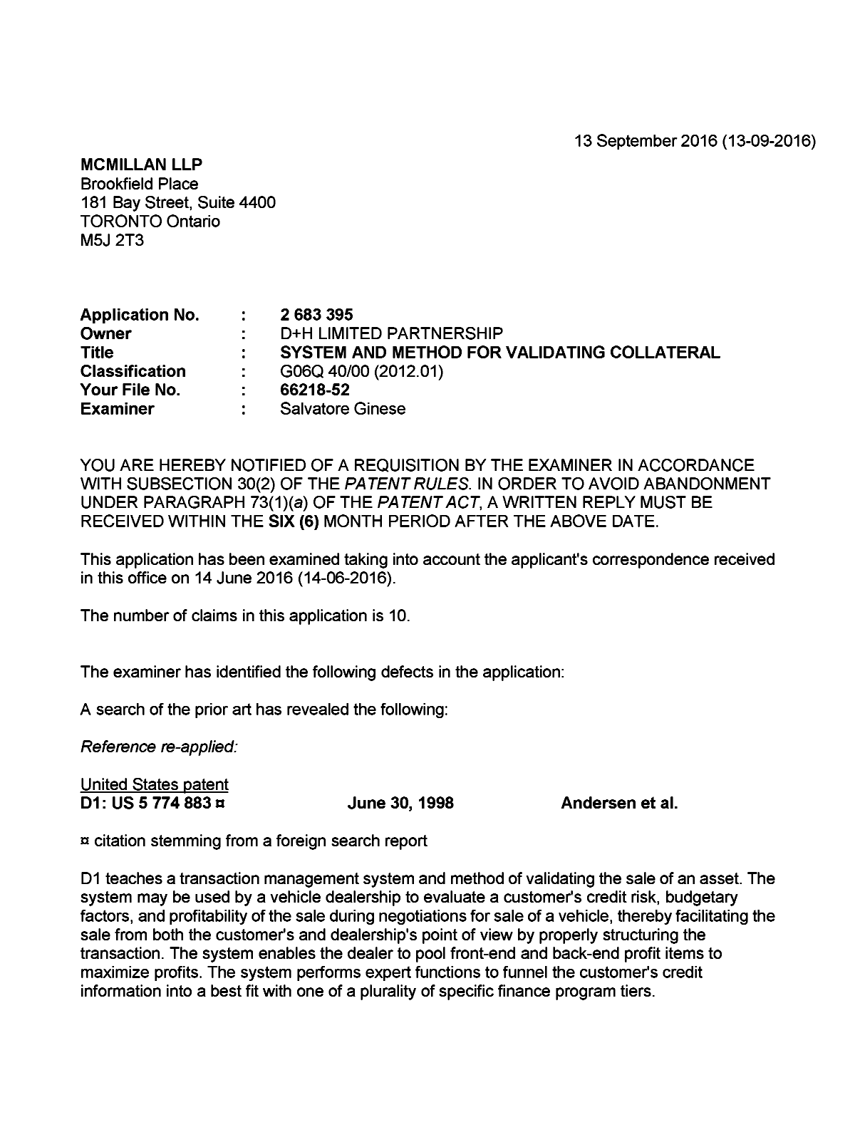 Document de brevet canadien 2683395. Demande d'examen 20160913. Image 1 de 5