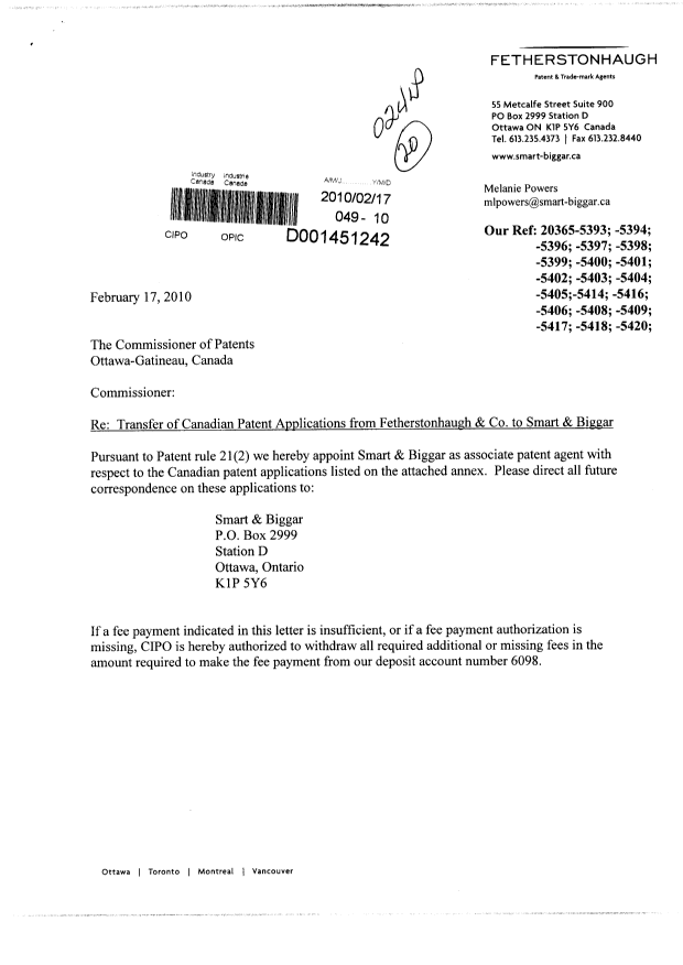 Document de brevet canadien 2683459. Correspondance 20100217. Image 1 de 3