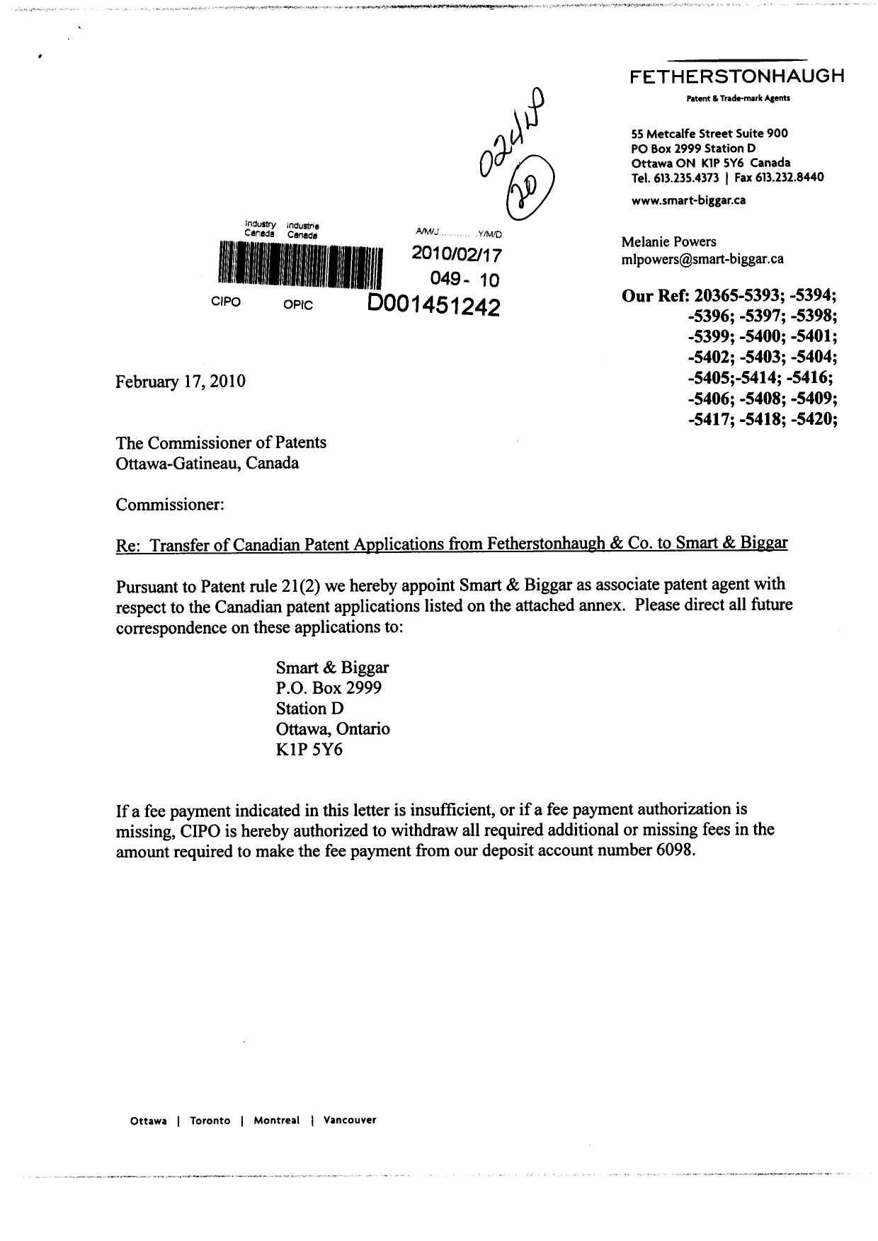 Canadian Patent Document 2683459. Correspondence 20100217. Image 1 of 3