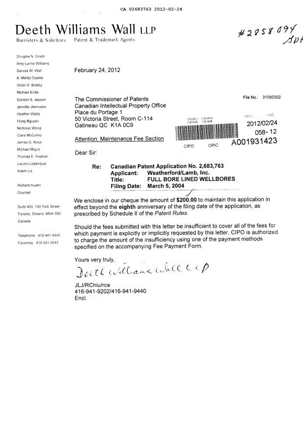 Document de brevet canadien 2683763. Taxes 20111224. Image 1 de 1