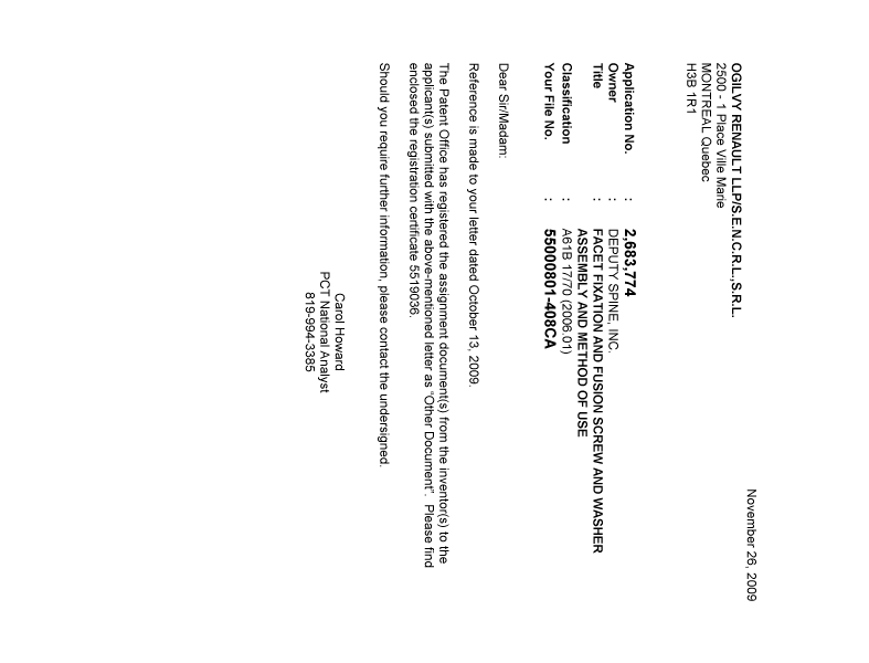 Document de brevet canadien 2683774. Correspondance 20091126. Image 1 de 1