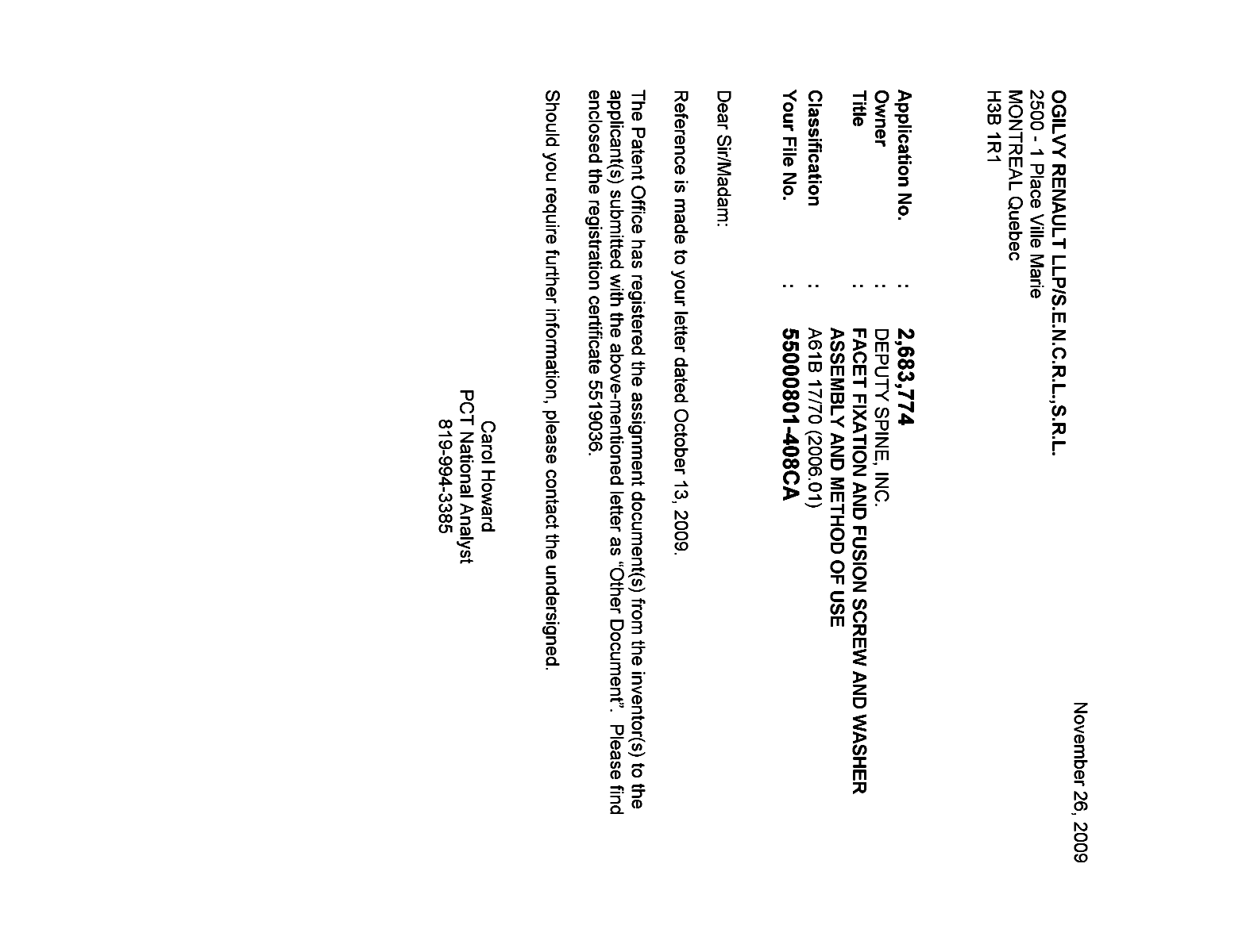 Canadian Patent Document 2683774. Correspondence 20091126. Image 1 of 1