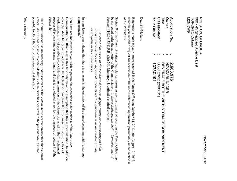 Document de brevet canadien 2683976. Correspondance 20131108. Image 1 de 2