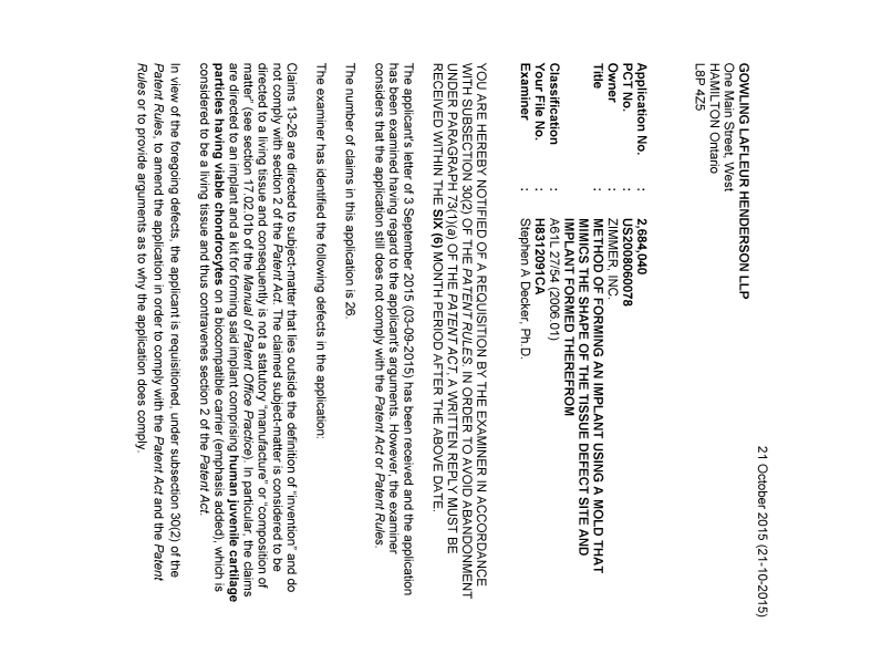 Document de brevet canadien 2684040. Demande d'examen 20151021. Image 1 de 3