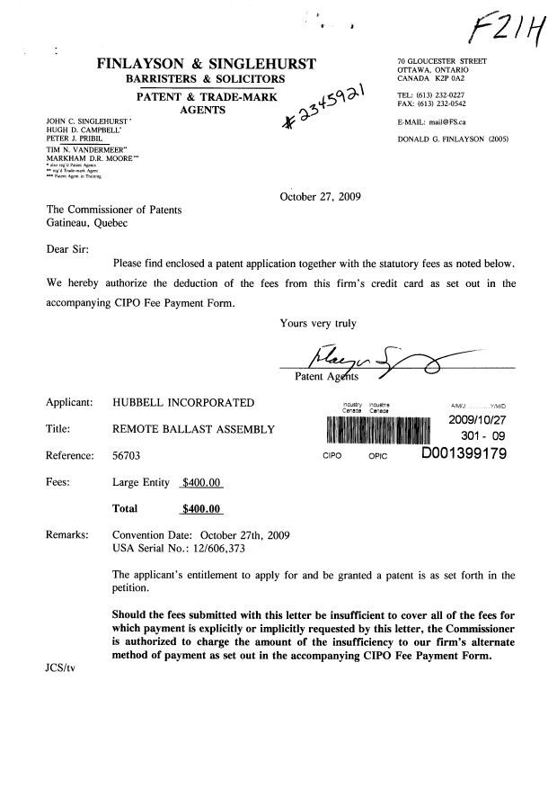 Document de brevet canadien 2684050. Cession 20091027. Image 1 de 3