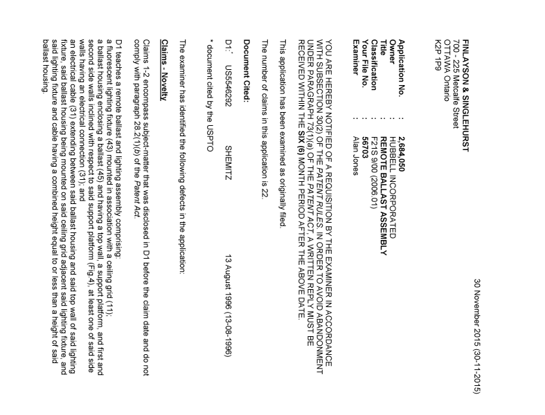 Document de brevet canadien 2684050. Demande d'examen 20151130. Image 1 de 3
