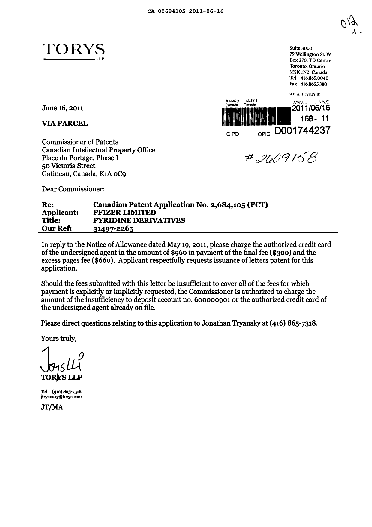 Document de brevet canadien 2684105. Correspondance 20110616. Image 1 de 1
