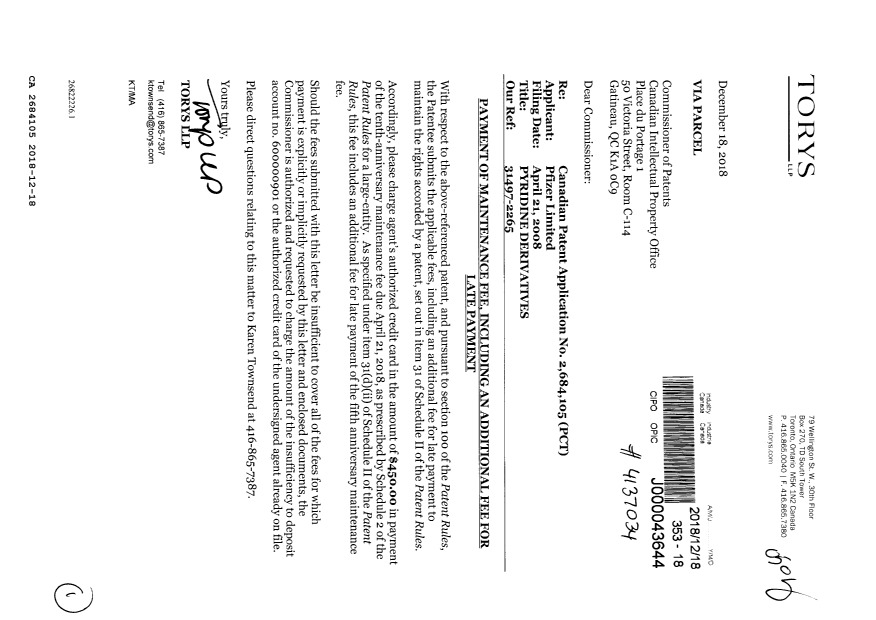Document de brevet canadien 2684105. Paiement de taxe périodique 20181218. Image 1 de 1