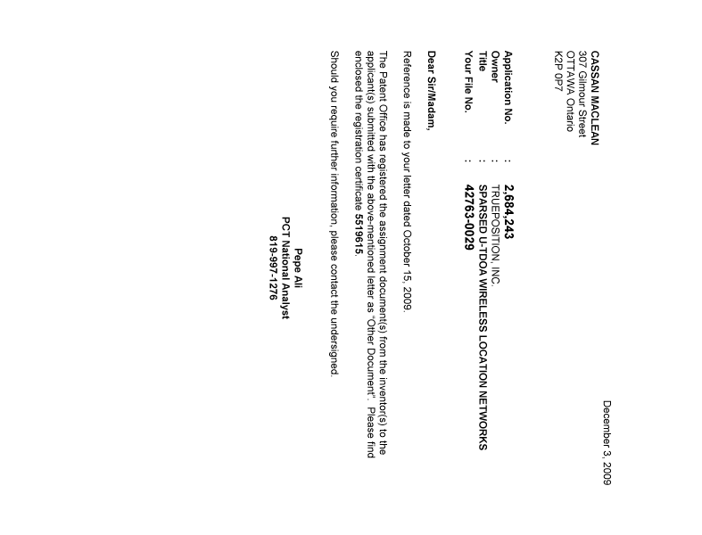 Document de brevet canadien 2684243. Correspondance 20091203. Image 1 de 1