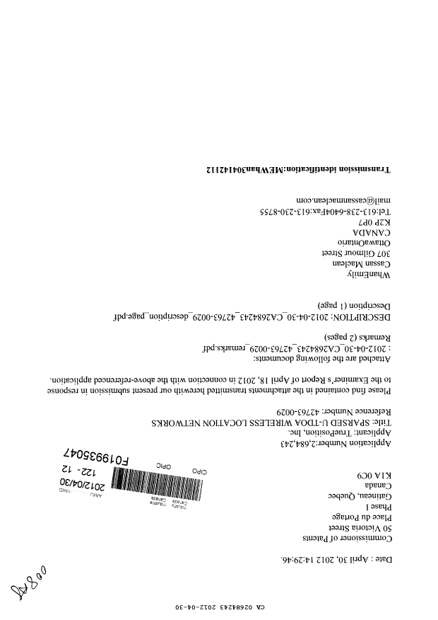 Canadian Patent Document 2684243. Prosecution-Amendment 20120430. Image 1 of 4