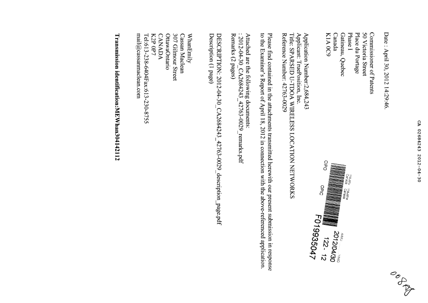 Document de brevet canadien 2684243. Poursuite-Amendment 20120430. Image 1 de 4
