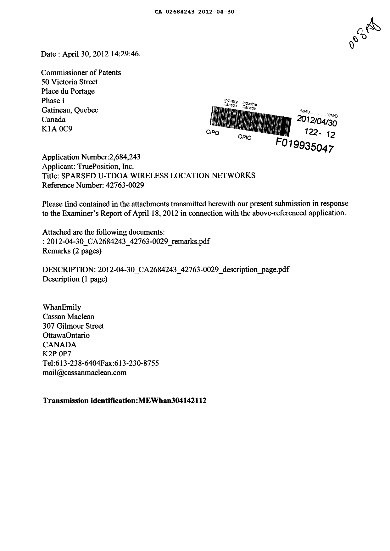 Document de brevet canadien 2684243. Poursuite-Amendment 20120430. Image 1 de 4