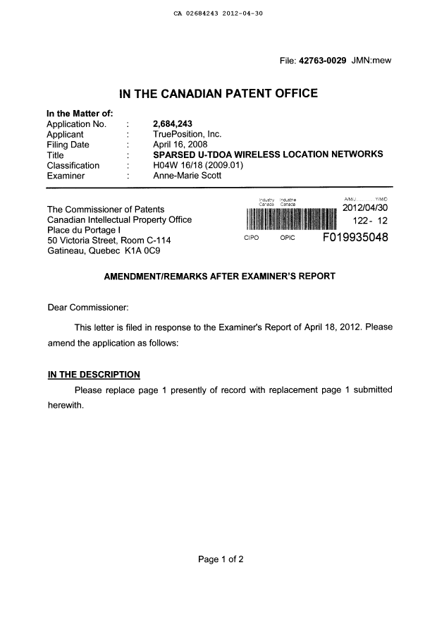 Document de brevet canadien 2684243. Poursuite-Amendment 20120430. Image 2 de 4
