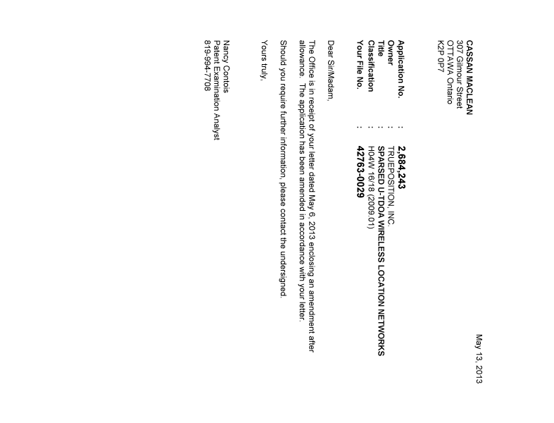 Document de brevet canadien 2684243. Correspondance 20130513. Image 1 de 1