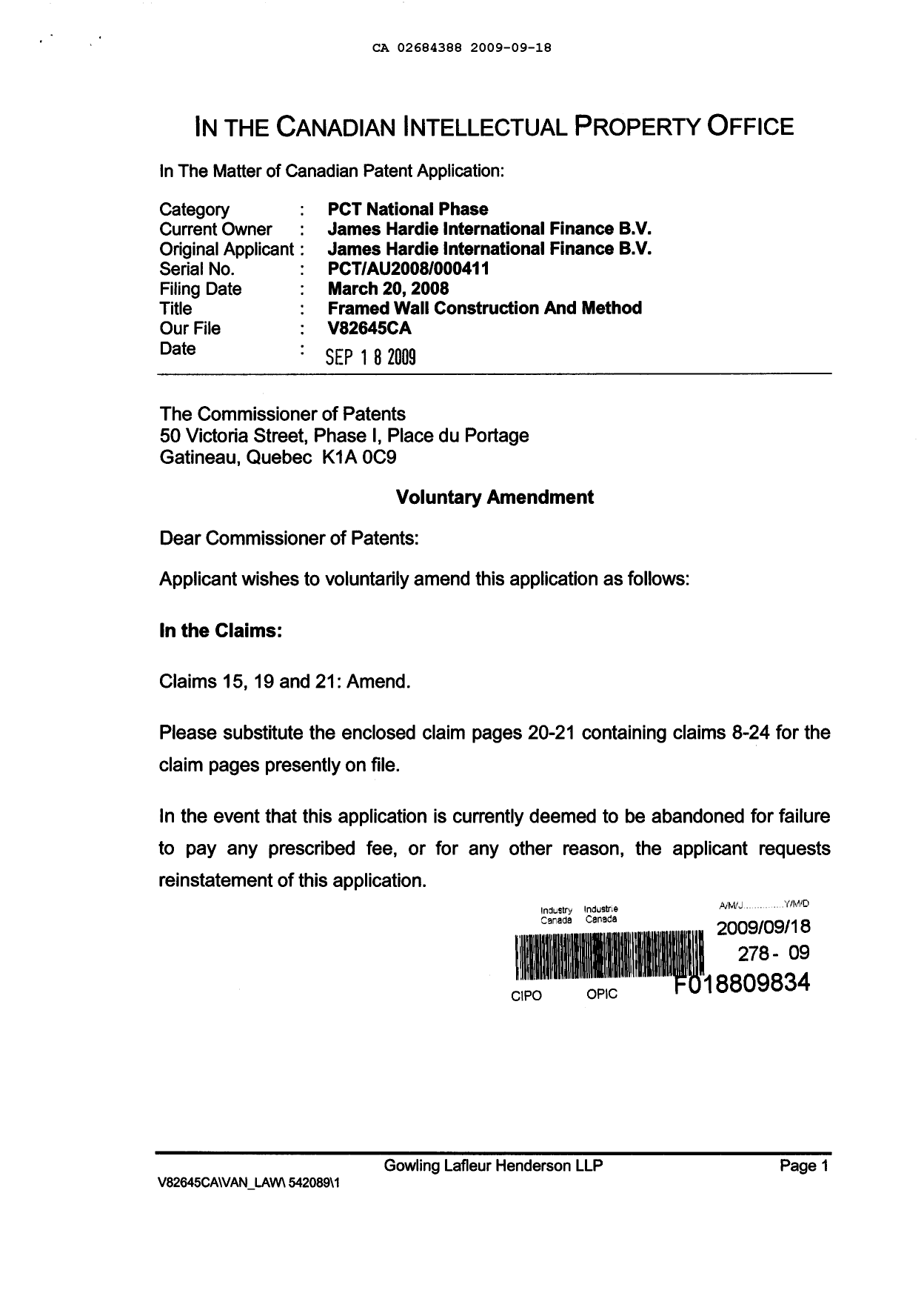Document de brevet canadien 2684388. Poursuite-Amendment 20090918. Image 1 de 4