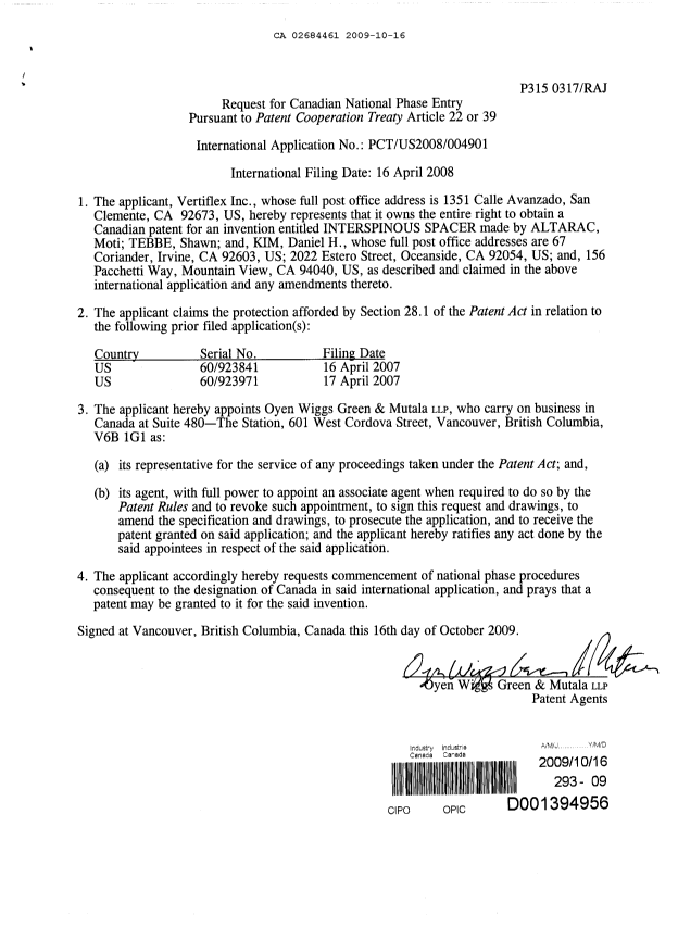 Canadian Patent Document 2684461. Assignment 20091016. Image 3 of 3