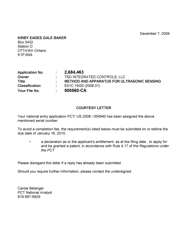 Canadian Patent Document 2684461. Correspondence 20091207. Image 1 of 1