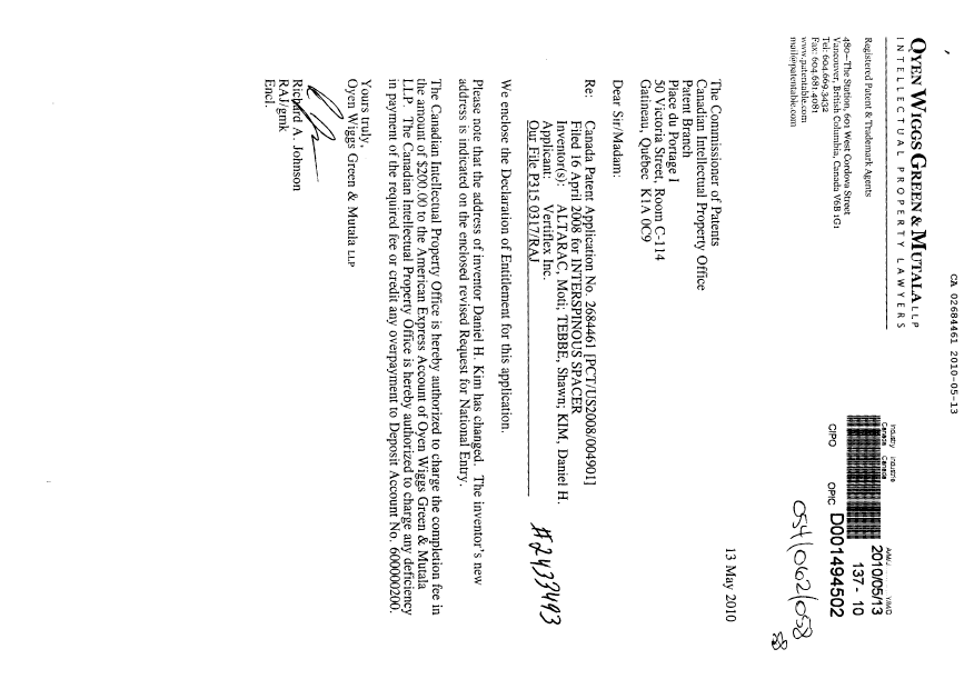 Canadian Patent Document 2684461. Correspondence 20100513. Image 1 of 3