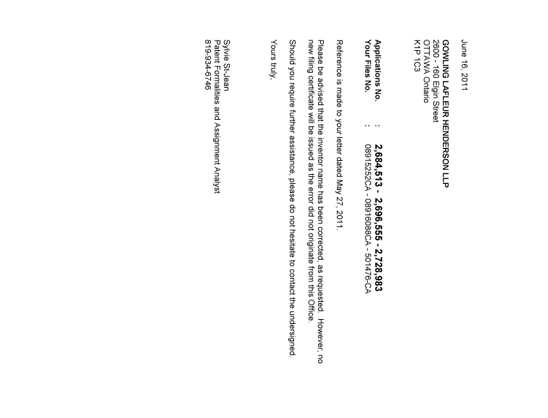 Document de brevet canadien 2684513. Correspondance 20101216. Image 1 de 1