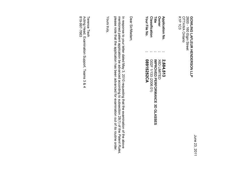 Canadian Patent Document 2684513. Prosecution-Amendment 20110623. Image 1 of 1