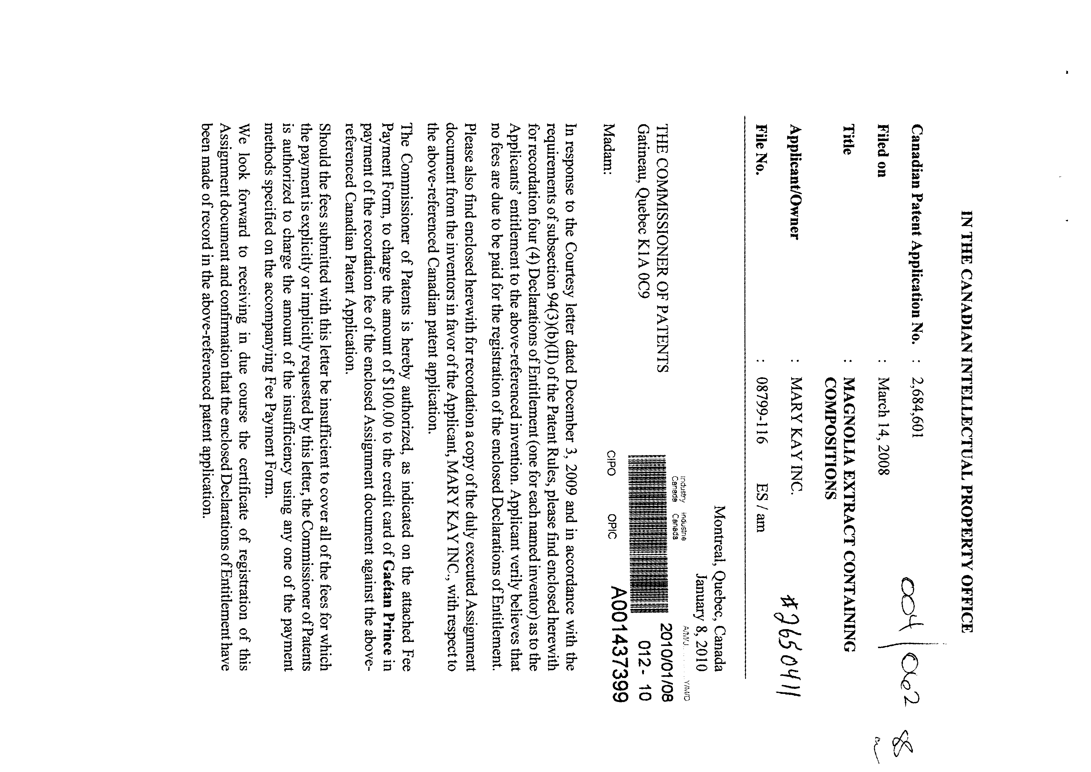 Canadian Patent Document 2684601. Correspondence 20091208. Image 1 of 6