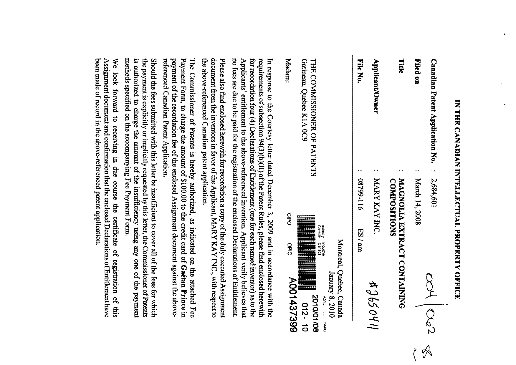 Document de brevet canadien 2684601. Correspondance 20091208. Image 1 de 6