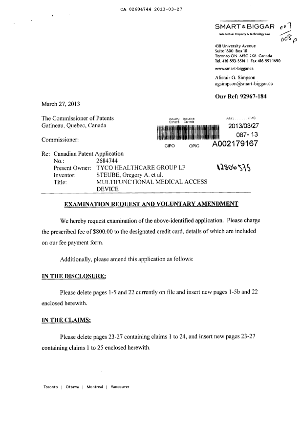 Canadian Patent Document 2684744. Prosecution-Amendment 20130327. Image 1 of 16