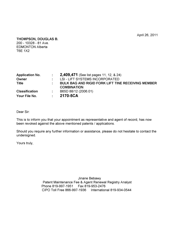 Document de brevet canadien 2685070. Correspondance 20110426. Image 1 de 1