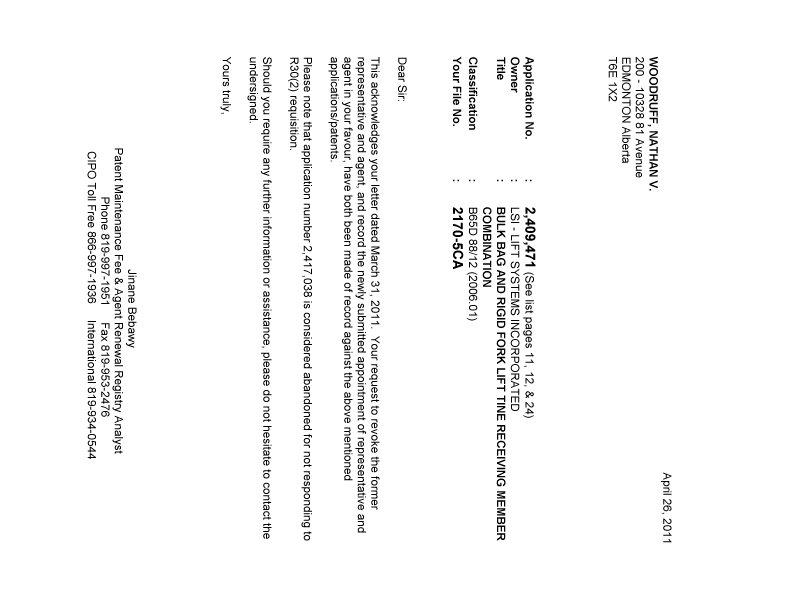 Document de brevet canadien 2685070. Correspondance 20110426. Image 1 de 1