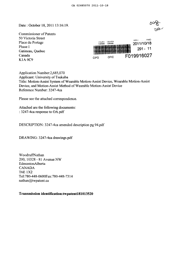 Document de brevet canadien 2685070. Poursuite-Amendment 20111018. Image 1 de 21