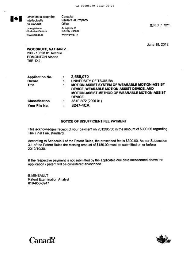 Document de brevet canadien 2685070. Poursuite-Amendment 20120626. Image 2 de 3