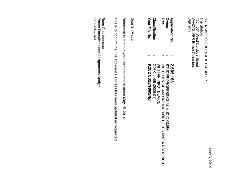 Canadian Patent Document 2685168. Correspondence 20140603. Image 1 of 1