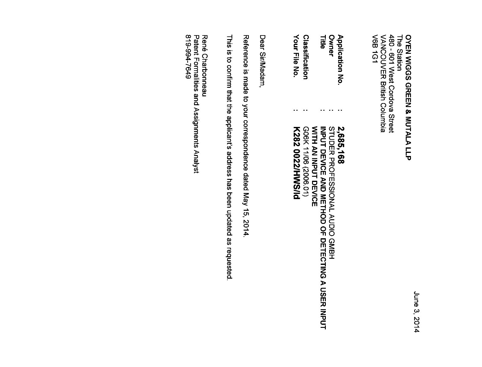 Canadian Patent Document 2685168. Correspondence 20140603. Image 1 of 1