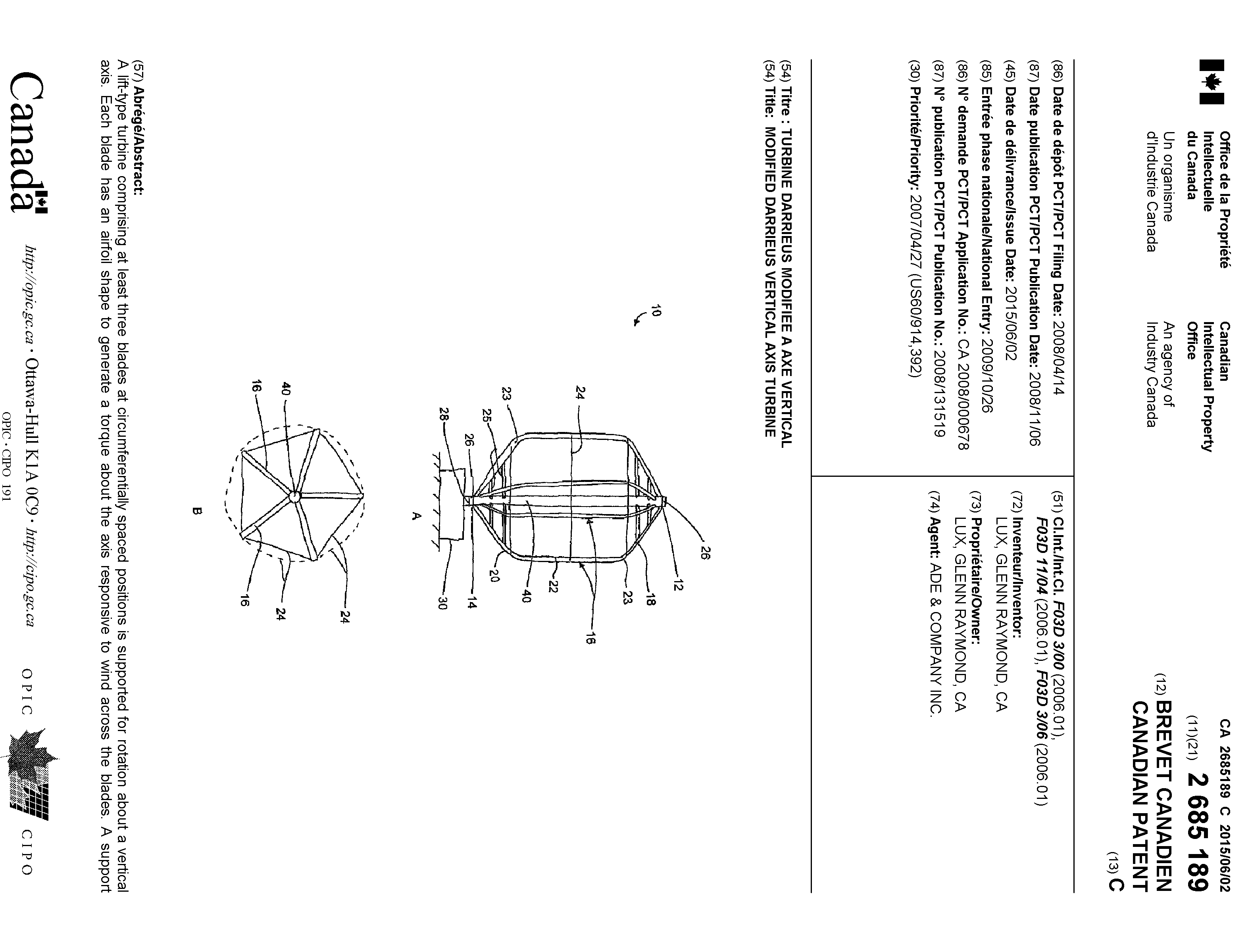 Canadian Patent Document 2685189. Cover Page 20141211. Image 1 of 2