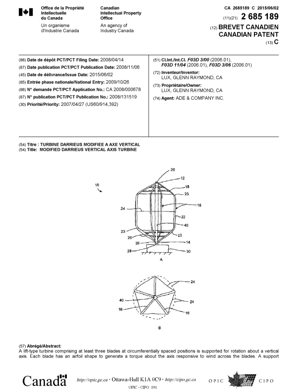 Document de brevet canadien 2685189. Page couverture 20141211. Image 1 de 2