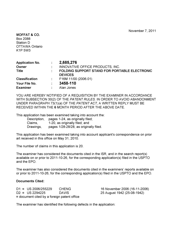 Canadian Patent Document 2685276. Prosecution-Amendment 20111107. Image 1 of 3