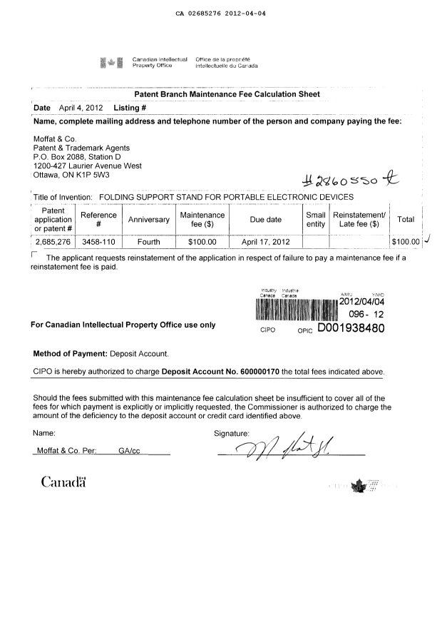 Document de brevet canadien 2685276. Taxes 20120404. Image 1 de 1
