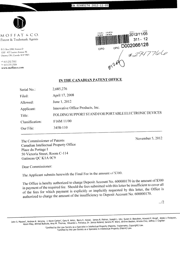 Document de brevet canadien 2685276. Correspondance 20121105. Image 1 de 2