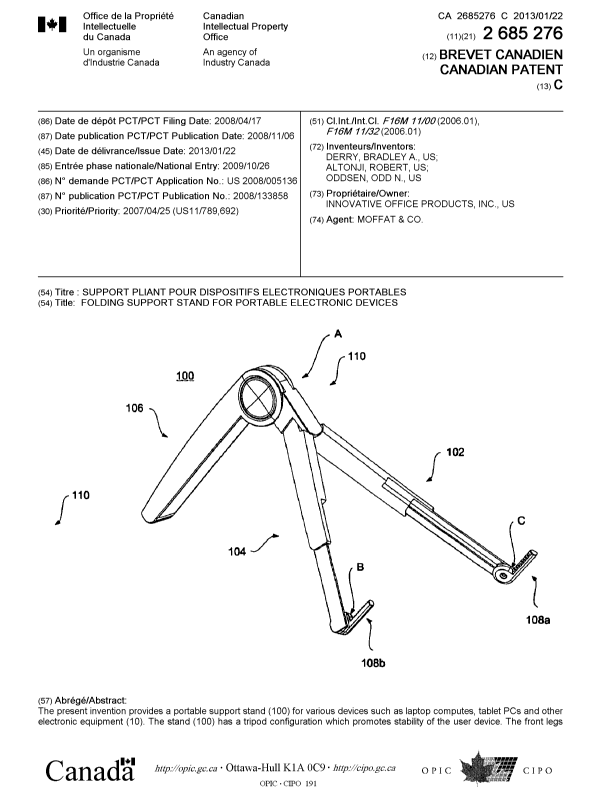 Document de brevet canadien 2685276. Page couverture 20130108. Image 1 de 2