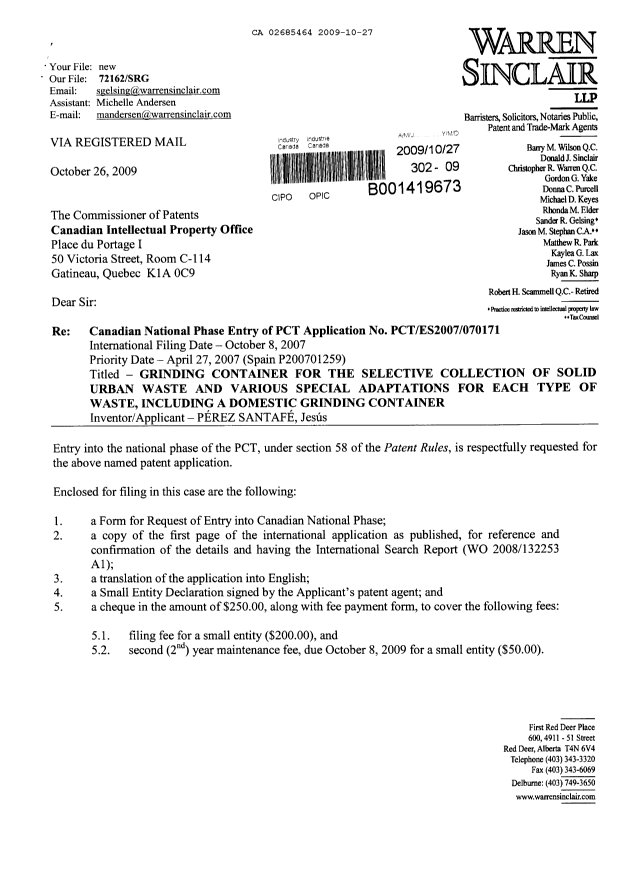 Document de brevet canadien 2685464. Cession 20091027. Image 1 de 5
