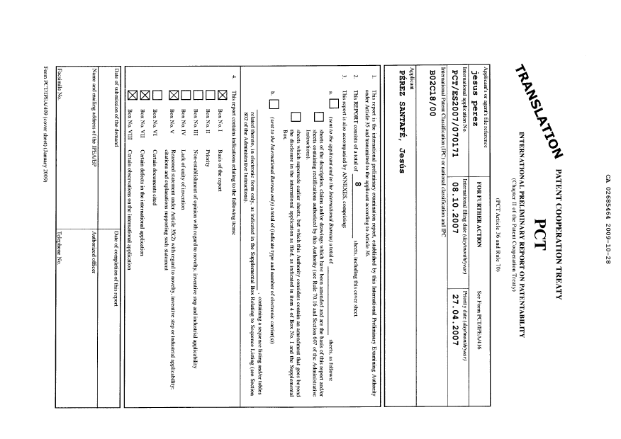 Document de brevet canadien 2685464. PCT 20091028. Image 1 de 8