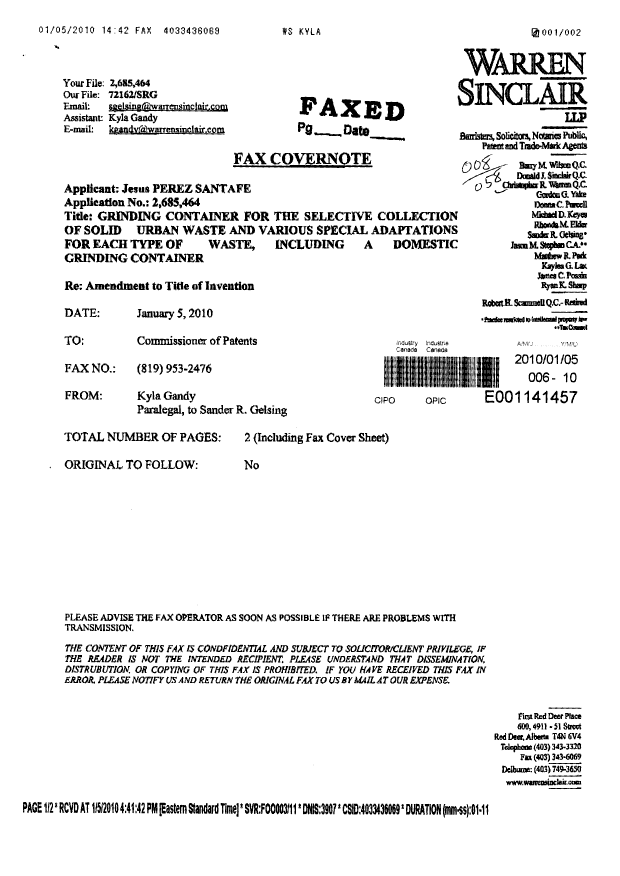 Document de brevet canadien 2685464. Correspondance 20091205. Image 1 de 2