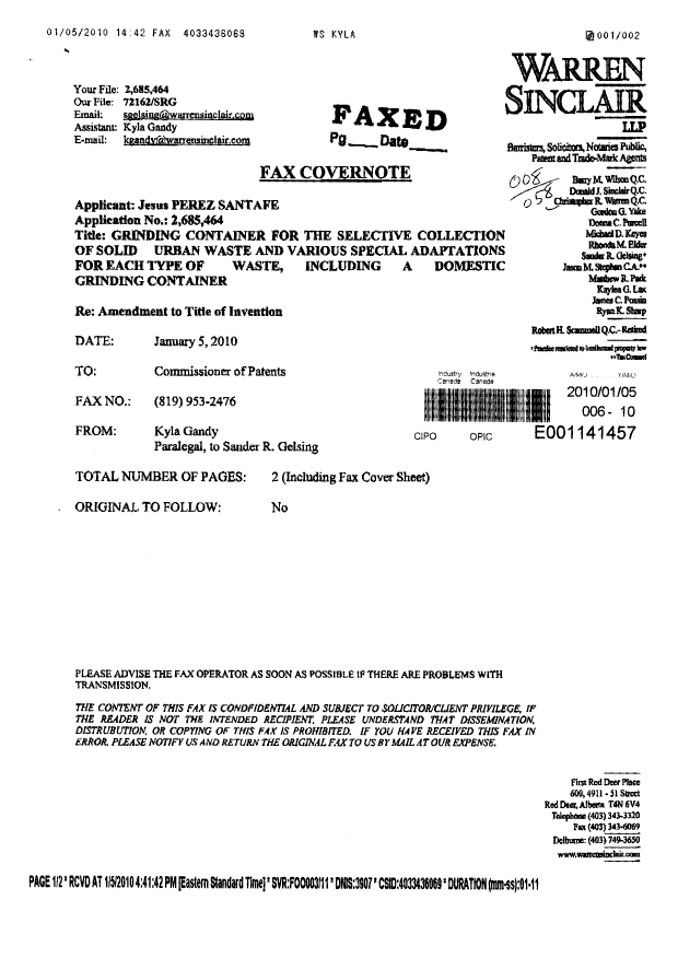 Canadian Patent Document 2685464. Prosecution-Amendment 20100105. Image 1 of 2