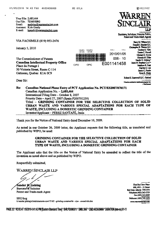 Document de brevet canadien 2685464. Poursuite-Amendment 20100105. Image 2 de 2