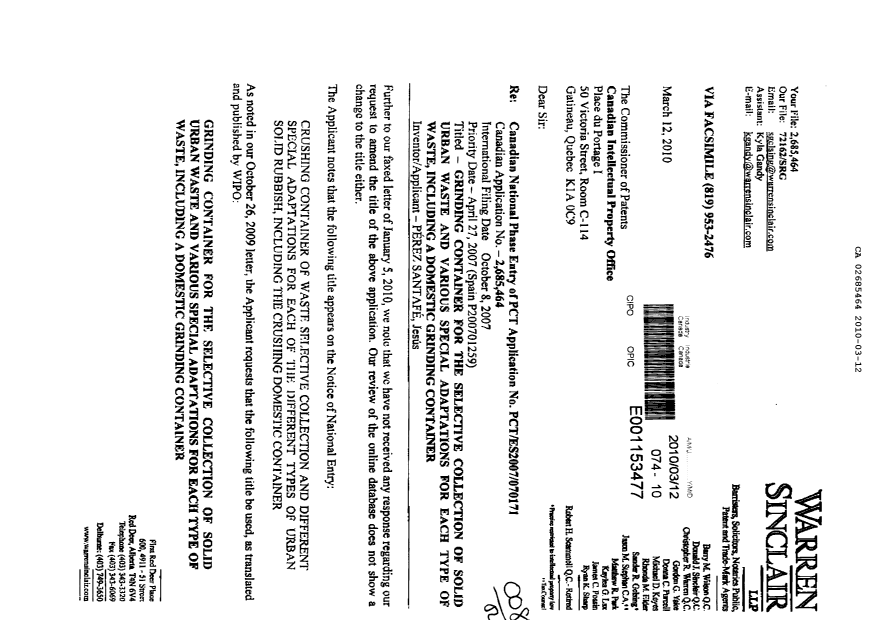 Document de brevet canadien 2685464. Poursuite-Amendment 20100312. Image 1 de 3