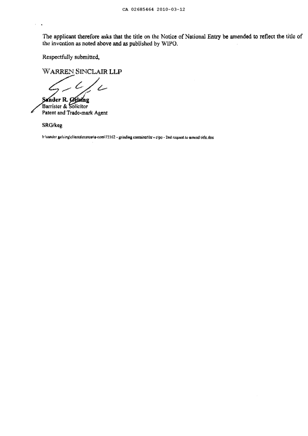 Document de brevet canadien 2685464. Poursuite-Amendment 20100312. Image 2 de 3