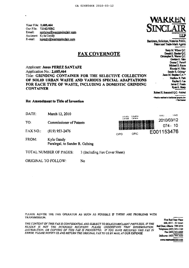 Document de brevet canadien 2685464. Poursuite-Amendment 20100312. Image 3 de 3