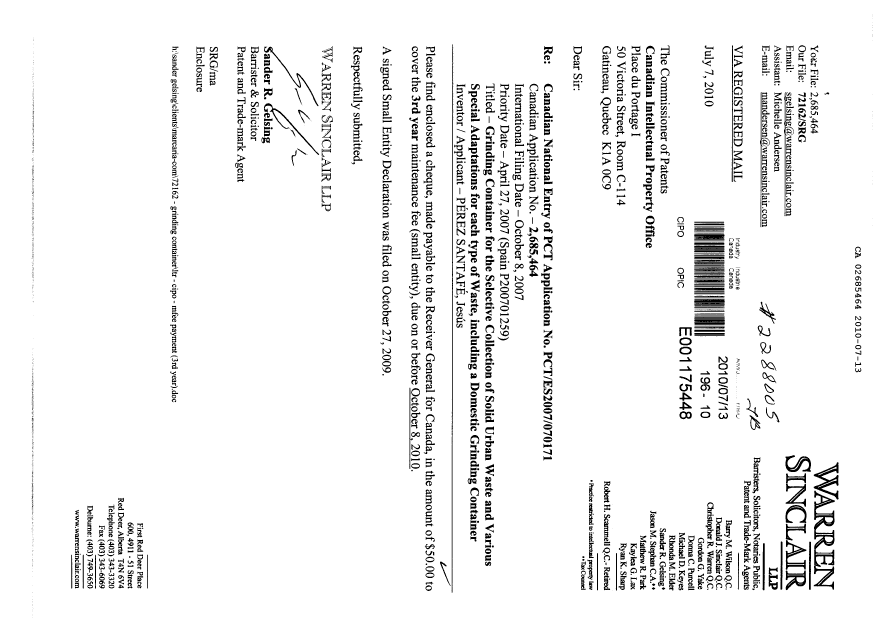 Document de brevet canadien 2685464. Taxes 20100713. Image 1 de 2