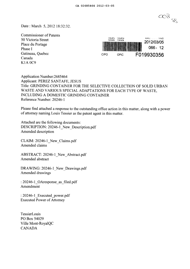 Canadian Patent Document 2685464. Prosecution-Amendment 20120305. Image 1 of 67